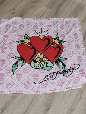 Ed Hardy Pink XL Bandana Scarf with Red Heart Cluster Graphic